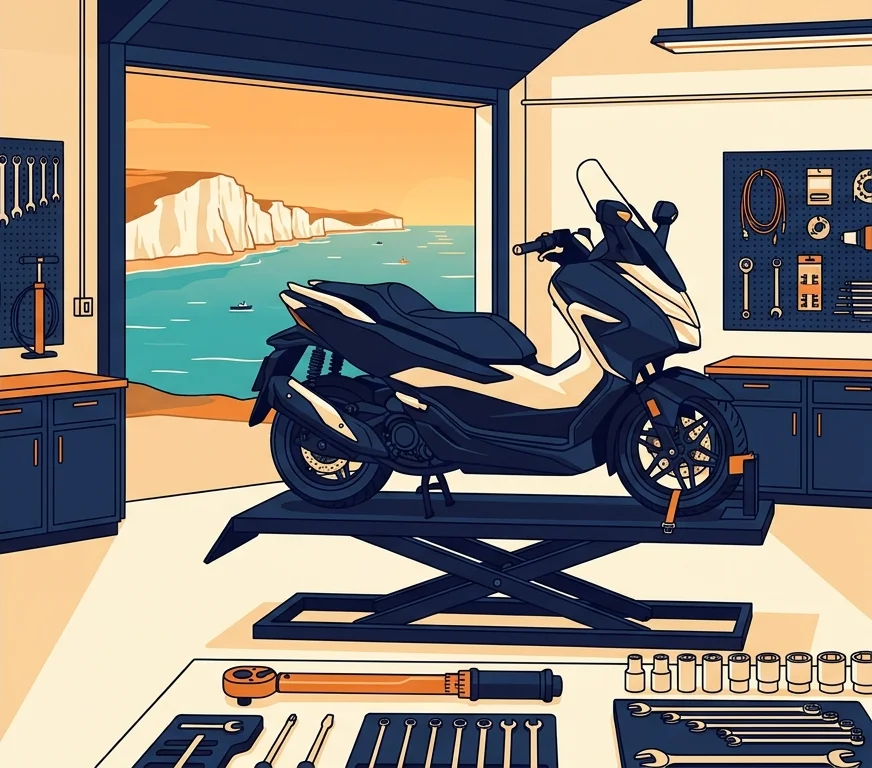 A scooter on a workshop lift, with the white cliffs of Dover through the open door